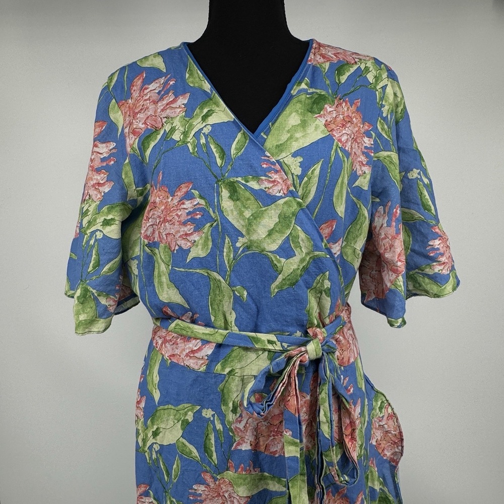 J. McLaughlin Audette Wrap Maxi Dress XL Blue Floral Linen Blend Peony Belted - Picture 3 of 13